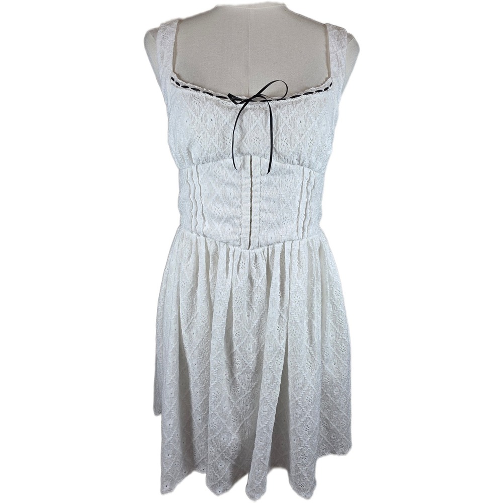 White Eyelet Corset Lined Mini Dress w/Smocked Back‎